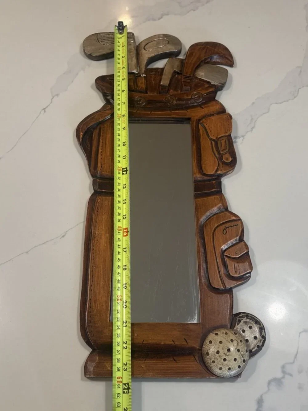 Vintage Wood Golf Bag carved Wall Mirror Decor Clubs And Balls Folk Art Style